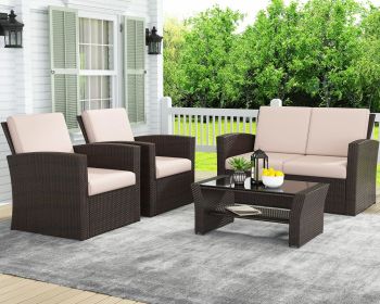 4 Piece Outdoor Patio Furniture Set (Color: Brown beige)