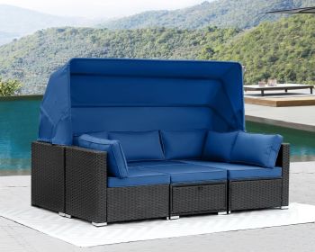 Rattan Furniture Daybed with Canopy 7 Pieces Outdoor Patio Furniture Set (Color: 6 Pieces dark blue)