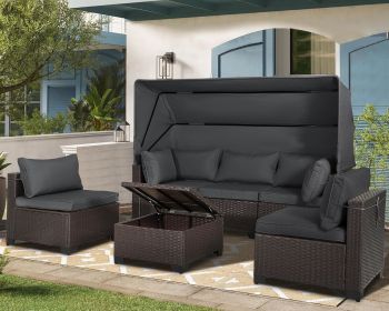 Rattan Furniture Daybed with Canopy 7 Pieces Outdoor Patio Furniture Set (Color: 6 Pieces Grey)