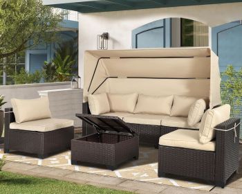 Rattan Furniture Daybed with Canopy 7 Pieces Outdoor Patio Furniture Set (Color: 6 Pieces Khaki)