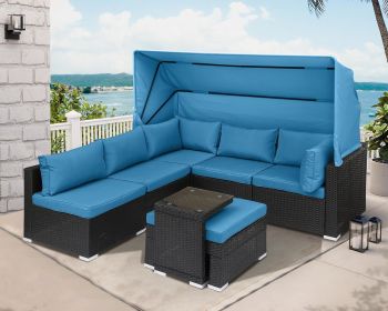 Rattan Furniture Daybed with Canopy 7 Pieces Outdoor Patio Furniture Set (Color: 7 Pieces Blue)