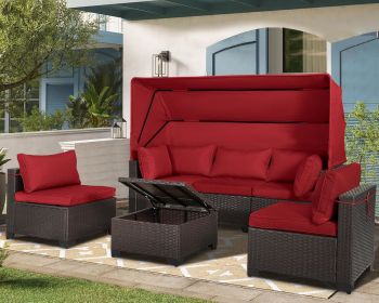 Rattan Furniture Daybed with Canopy 7 Pieces Outdoor Patio Furniture Set (Color: 6 Pieces Red)