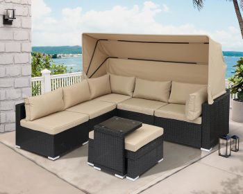 Rattan Furniture Daybed with Canopy 7 Pieces Outdoor Patio Furniture Set (Color: 7 Pieces Khaki)