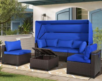 Rattan Furniture Daybed with Canopy 7 Pieces Outdoor Patio Furniture Set (Color: 6 Pieces Blue)