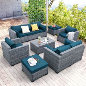 Patio Furniture Sets,7 Piece PE Rattan Sectional Sofa Couch with Storage Table and Non-Slip Cushions (Color: Peacock Blue)