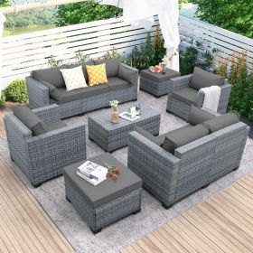 Patio Furniture Sets,7 Piece PE Rattan Sectional Sofa Couch with Storage Table and Non-Slip Cushions (Color: Grey)