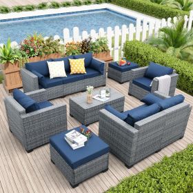 Patio Furniture Sets,7 Piece PE Rattan Sectional Sofa Couch with Storage Table and Non-Slip Cushions (Color: Navy Blue)