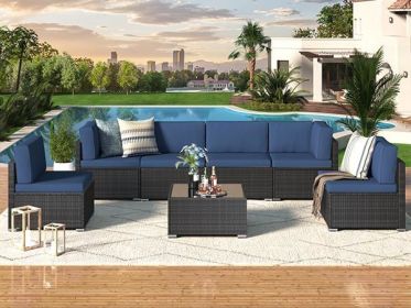 7 Piece Outdoor Patio Furniture Set PE Rattan Outdoor Grey Wicker Furniture (Color: Navy Cushion, size: 7 Pieces)