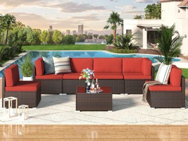 7 Piece Outdoor Patio Furniture Set PE Rattan Outdoor Grey Wicker Furniture (Color: Red, size: 7 Pieces)