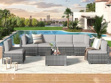 7 Piece Outdoor Patio Furniture Set PE Rattan Outdoor Grey Wicker Furniture (Color: Grey, size: 7 Pieces)