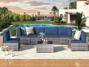 7 Piece Outdoor Patio Furniture Set PE Rattan Outdoor Grey Wicker Furniture (Color: Navy, size: 7 Pieces)