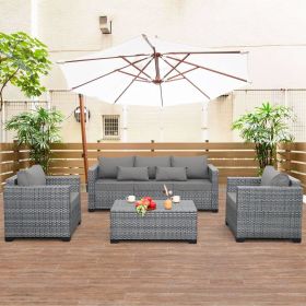 4 Piece Patio Furniture Set with Fire Pit Table and Cushions, PE Rattan Patio Furniture Set (Color: Grey, size: With Fire Pit Table)