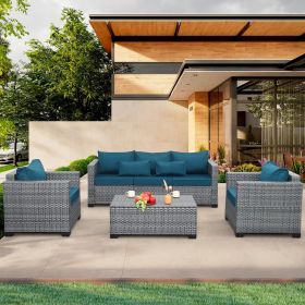 4 Piece Patio Furniture Set with Fire Pit Table and Cushions, PE Rattan Patio Furniture Set (Color: Peacock Blue, size: With Fire Pit Table)