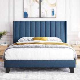 Beige Full Bed Frame Upholstered Platform (Color: Navy Blue, size: Queen)