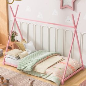 Metal Twin Size House Platform Bed with Triangle Structure (Color: Pink Metal)