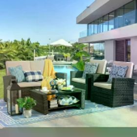 Outdoor Patio Furniture Set With Glass Coffee Table 4 Piece Comfort Rectangular Outdoor Sofa Wicker Rattan Modular Sofa (Color: Black)