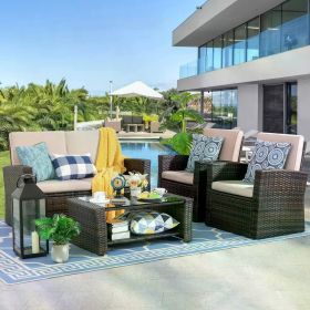 Outdoor Patio Furniture Set With Glass Coffee Table 4 Piece Comfort Rectangular Outdoor Sofa Wicker Rattan Modular Sofa (Color: Brown)