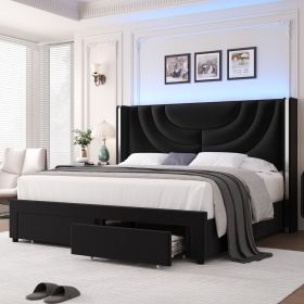 LED Queen Bed Frame with 2 Storage Drawers (Color: Black, size: King)