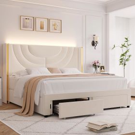 LED Queen Bed Frame with 2 Storage Drawers (Color: Beige, size: Full)