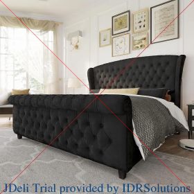 Bed Frame, Velvet Upholstered, Headboard with Rolling Wing Back, No Springs Required (Color: Black, size: King)