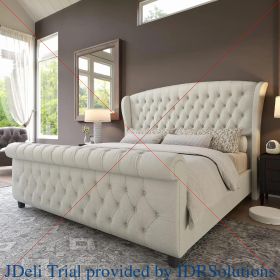 Bed Frame, Velvet Upholstered, Headboard with Rolling Wing Back, No Springs Required (Color: Cream, size: King)