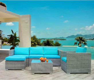 Furniture Set PE Gray Rattan Wicker Sectional Outdoor Sofa Set (Color: Blue   Gray)