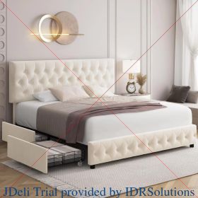 Queen Size Bed, with 4 Storage Drawers, Faux Leather Platform Bed (Color: V-beige, size: King)