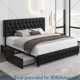 Queen Size Bed, with 4 Storage Drawers, Faux Leather Platform Bed (Color: Pu-black, size: King)