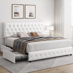 Queen Size Bed, with 4 Storage Drawers, Faux Leather Platform Bed (Color: White, size: Full)