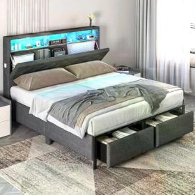 LED Queen Size Bed Frame with Headboard (Color: Dark Grey, size: Queen)