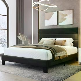 Bed Frame with Velvet Upholstered Headboard and Wooden Slats Support, Queen Size Bed Frame (Color: Black, size: Queen)