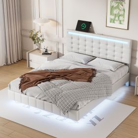 Full Size Floating Bed Frame with LED Lights and USB Charging (Color: White)