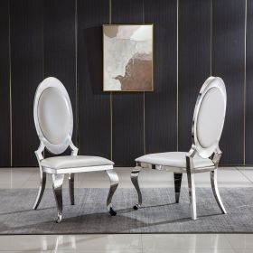 Leatherette Dining Chair with Oval Backrest Set of 2 (Color: White)