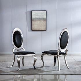 Leatherette Dining Chair with Oval Backrest Set of 2 (Color: Black and Silver)