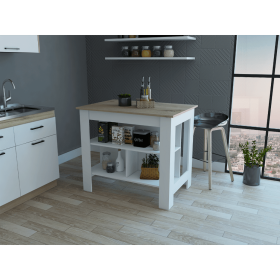 Kitchen Island; Three Concealed Shelves (Color: White / Light Oak)