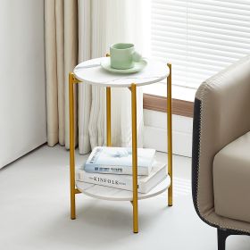 2-layer End Table with Tempered Glass and Marble Tabletop (Color: White+Golden+Marble)