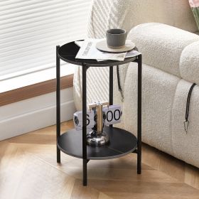 2-layer End Table with Tempered Glass and Marble Tabletop (Color: Black+Black+Marble)