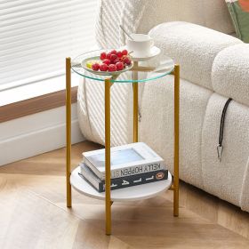 2-layer End Table with Tempered Glass and Marble Tabletop (Color: White+Golden+Glass)