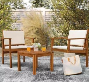 4 Piece Outdoor Acacia Wood Patio Conversation Sofa Set (Color: Natural-3)