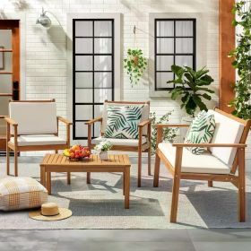 4 Piece Outdoor Acacia Wood Patio Conversation Sofa Set (Color: Natural-4)