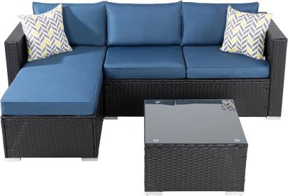 Outdoor Wicker Patio Sofa Set (Color: Aegean Blue  Black)