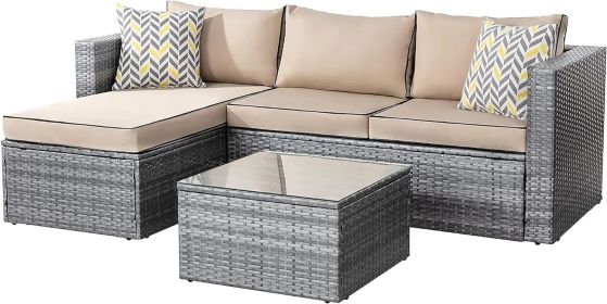 Outdoor Wicker Patio Sofa Set (Color: Khaki  Silver)