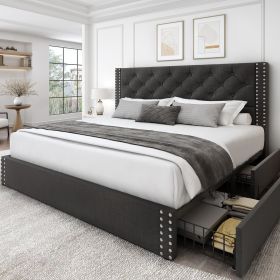 Queen Size Upholstered Bed Frame with Storage (Color: Dark Grey, size: Queen)