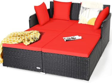 Patio Loveseat Sofa Set with Padded Cushion Pillows (Color: Red)