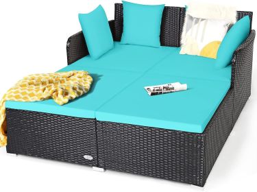 Patio Loveseat Sofa Set with Padded Cushion Pillows (Color: Turquoise)