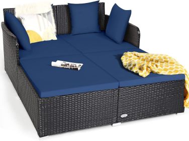 Patio Loveseat Sofa Set with Padded Cushion Pillows (Color: Navy)