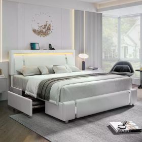 full size bed frame, Headboard with RGB LED lights and 2 storage drawers (Color: White, size: Queen)