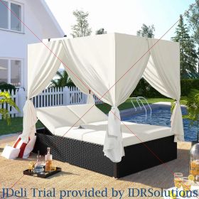 Outdoor Daybed with Curtain Canopy Patio Furniture (Color: 77.6  Beige)