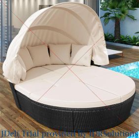 Outdoor Daybed with Curtain Canopy Patio Furniture (Color: 85  Beige)