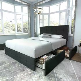 Upholstered Queen Platform Bed Frame, With 4 storage drawers and headboard (Color: Dark Grey Modern, size: King)